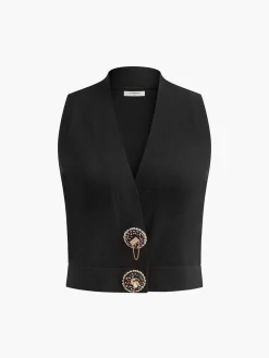 Wool-Blend Rhinestone-Button Sweater Vest
