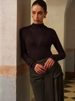Wool-Blend Semi-Sheer Ribbed Knit Top