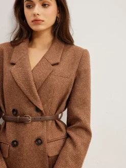 Wool-Blend Textured Belted Blazer