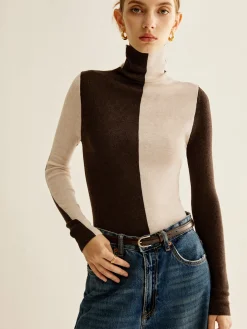 Wool-Blend Turtleneck Color Block Knit Top