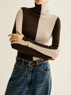 Wool-Blend Turtleneck Color Block Knit Top