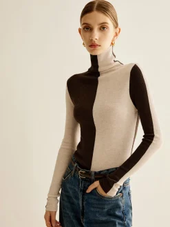 Wool-Blend Turtleneck Color Block Knit Top