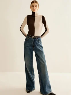 Wool-Blend Turtleneck Color Block Knit Top