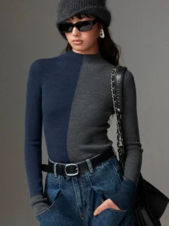 Wool-Blend Two Tone Skinny Knit Top