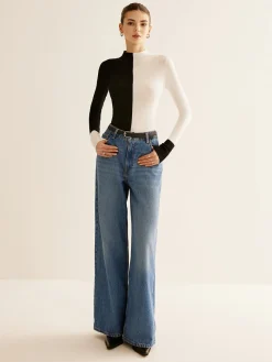 Wool-Blend Two Tone Skinny Knit Top