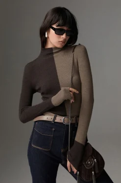 Wool-Blend Two Tone Skinny Knit Top