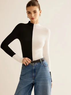 Wool-Blend Two Tone Skinny Knit Top