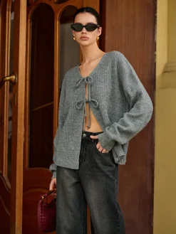 Wool-Blend V-Neck Tie Front Cardigan
