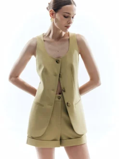 Woolen Button Split Pleated Vest