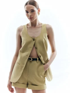 Woolen Button Split Pleated Vest