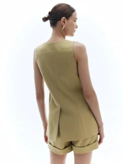 Woolen Button Split Pleated Vest