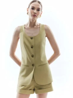 Woolen Button Split Pleated Vest