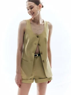 Woolen Button Split Pleated Vest