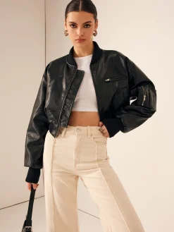 Zip Pockets PU Leather Short Jacket