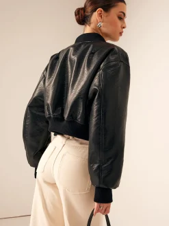 Zip Pockets PU Leather Short Jacket