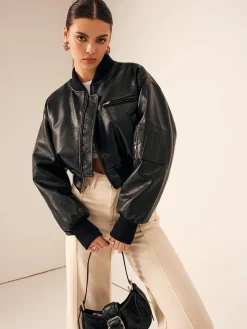 Zip Pockets PU Leather Short Jacket