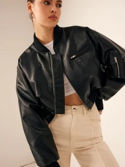 Zip Pockets PU Leather Short Jacket