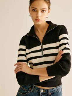 Zipper Striped Knit Top