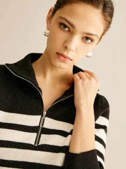 Zipper Striped Knit Top