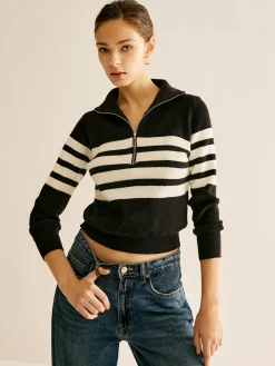Zipper Striped Knit Top